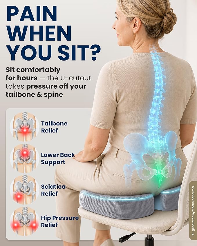 5 STARS UNITED Seat Cushion - Memory Foam Chair Cushion for Tailbone Pain Relief - Ergonomic Support for Coccyx, Sciatica & Butt - Office, Desk & Gaming Chair, Car Seat, Wheelchair, Airplane, L Gray - Image 2