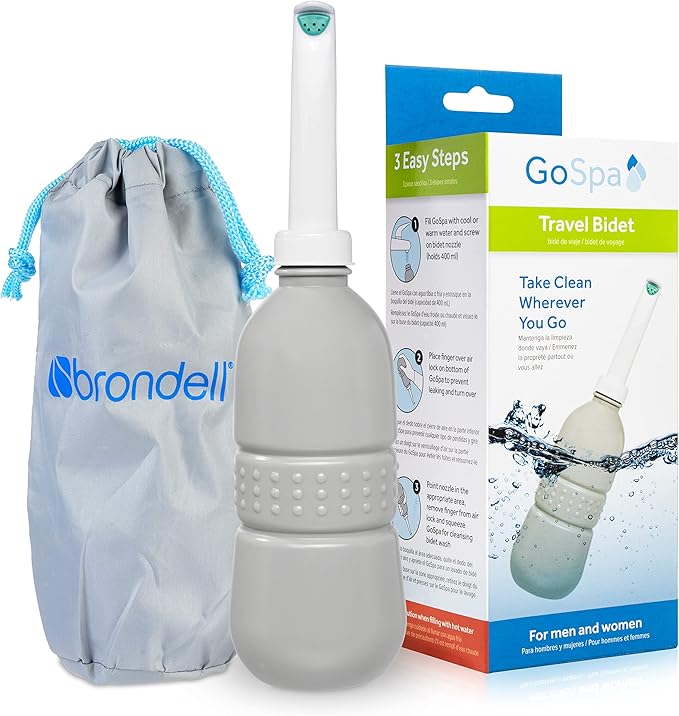 Brondell GoSpa Travel Bidet GS-70 – Portable Peri Bottle for Postpartum & Perineal Care, 400ml Handheld Bidet with Angled Nozzle, Collapsible Design, Nozzle Storage & Travel Bag, Fog by Brondell