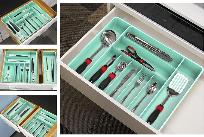 Simple Houseware Expandable Kitchen Drawer Flatware Organizer, Turquoise | Expandable & Adjustable Cutlery Drawer Organizer - Large Utensil and Flatware Tray for Kitchen Drawers - Image 6