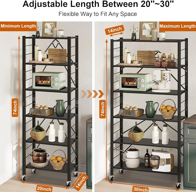 Himix 6-Tier Foldable Storage Shelves with Wheels Adjustable Kitchen Black | Folding shelving units, Metal collapsible organization, Metal shelf, Changeable into 2 shelf units, Garage - Image 2