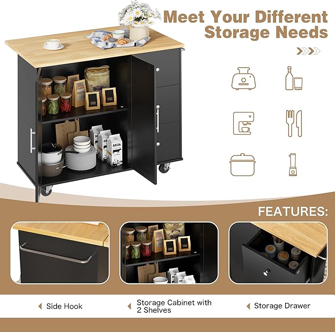 Shintenchi Kitchen Island with Folding Drop Leaf, Rolling Island Table with Storage, Kitchen Cabinet on Wheels with Seating Area for Kitchen, Bar Cart with Cabinet, Black - Image 6
