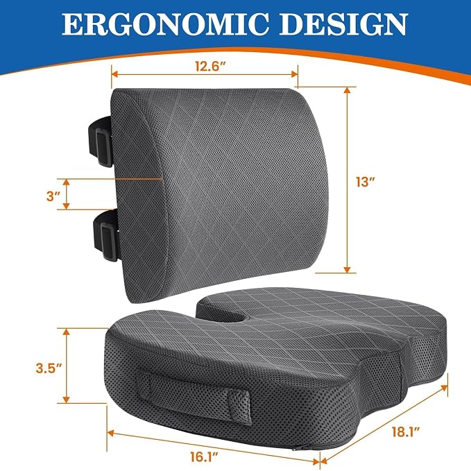 Back&Seat Cushion, Chair Cushions, Lumbar Back Support Pillow, Grey/X-Large | Breathable Memory Foam Back Support Pillow, Portable Airplane Seat Cushion for Travel, Computer Desk, Wheelchair, Driving - Image 2