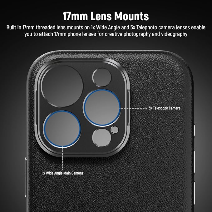 NEEWER Phone Case for 16 Pro, TPU/PC Protective Heavy Duty Case with 17mm Lens Mounts, 67mm Thread Filter Adapter, Nonslip Faux Leather, Compatible with iPhone 16 Pro MagSafe, PA083 Black - Image 4