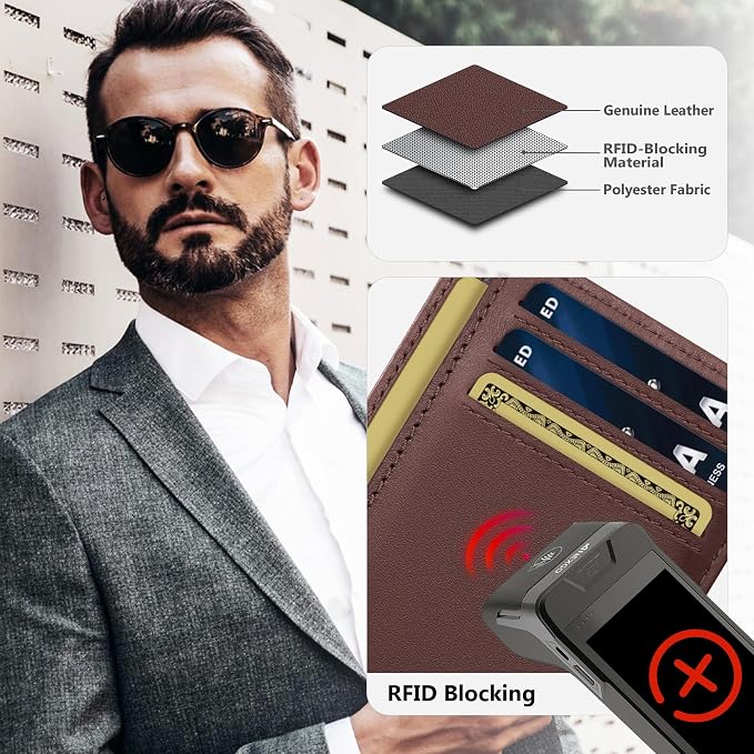 Travelambo 100% Genuine Leather Wallet for Men and Women, Slim Minimalist RFID Blocking Front Pocket Credit Card Holder with Gift Box(Brown 01) - Image 3