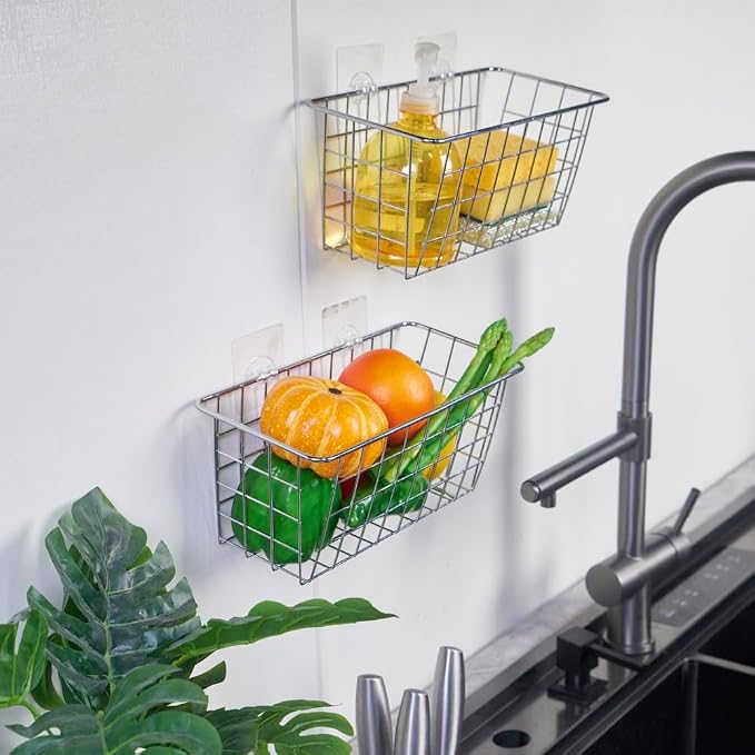 JUNCHU CHERRY 2 Pack Hanging Storage Basket, Bathroom Basket, Household Goods, with Traceless Tape, no Drilling, for Cabinet Storage, Kitchen, Bathroom, Storage Room,Chrome - Image 9