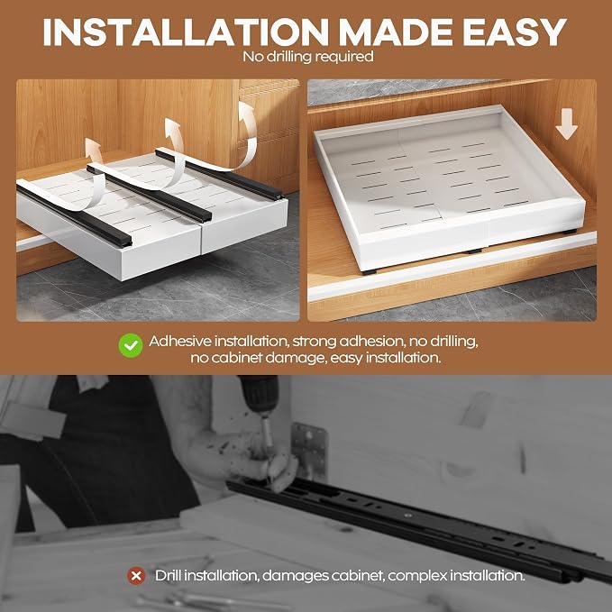 Seinloes 6 Pack Expandable Pull Out Cabinet Organizer 21"Deep With Raising Pad for Framed Cabinets,Slide Out Drawers With 4pcs Divider Racks,No Drill Roll Out Shelf,Adjustable Width 12.05"-20.4"White - Image 7