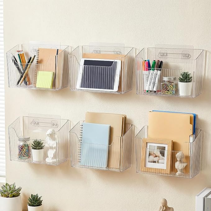 6 Pack Clear PVC Storage Organizer Bins, Wall Mounted Adhesive Baskets for Cabinet Door, Kitchen, Bathroom & Pantry Organization - Image 5