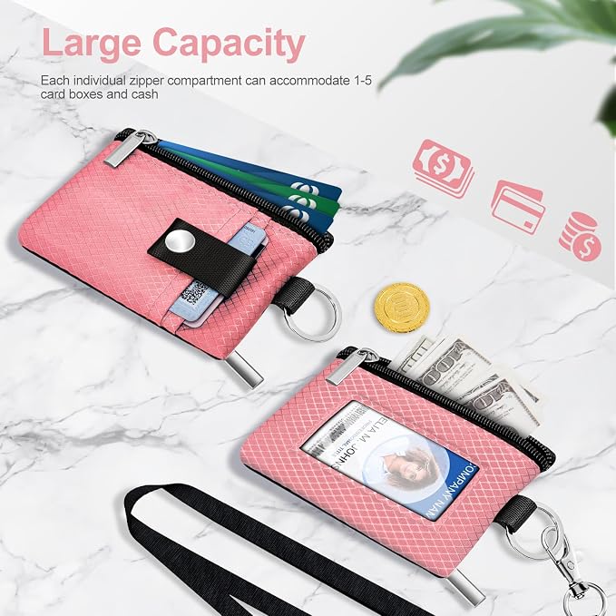 Minimalist RFID Blocking Small Wallet with ID Window,WaterResistant Zip Id Case Wallet with Lanyard Keychain for Cards,Cash,Travel,Women,Men (Pink) - Image 7