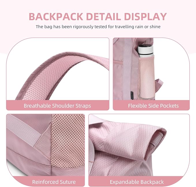 Foldable Convertible Tote Backpack Lightweight Versatile Nylon Daypack for Women Work Leisure Travel,Berry Pink - Image 7