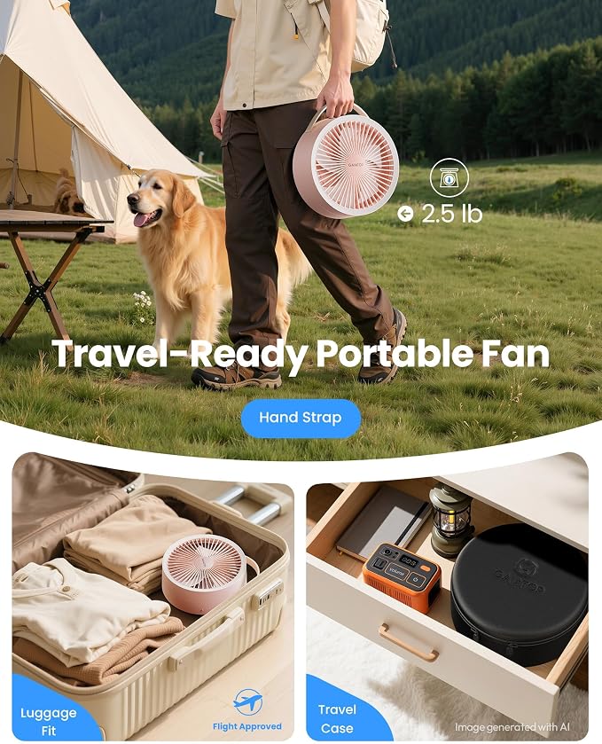 Gaiatop Portable Pedestal Fan 16000mAh Battery [Max 74h Runtime], Foldable Oscillating Standing Fan, Collapsible Desk Fans, LED Light, Case & Remote Control, 4 Speeds for Outdoor Travel Camping (Pink) - Image 6