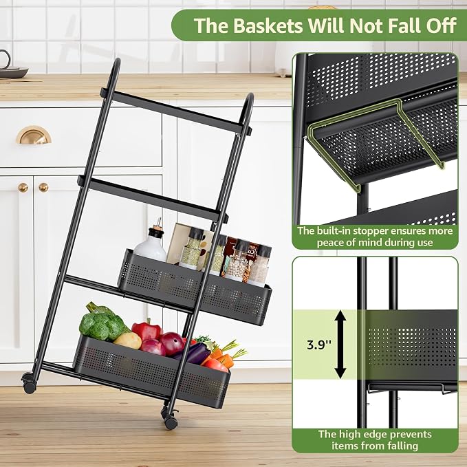 KINGRACK 4 Tier Slim Rolling Cart with Drawer, Metal Utility Storage Cart | 2 Pull-out Baskets, Lockable Wheels, Narrow Space Trolley Organizer for Bathroom, Kitchen, Office, Dorm, Laundry Room, Black - Image 4