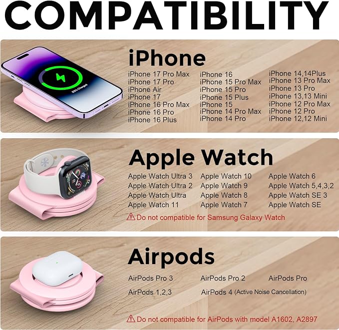 HICOBER 3-in-1 Wireless Charging Station for iPhone, Watch, AirPods, Pink | Charge 3 devices at once, foldable, case-friendly and ready for travel - Image 6