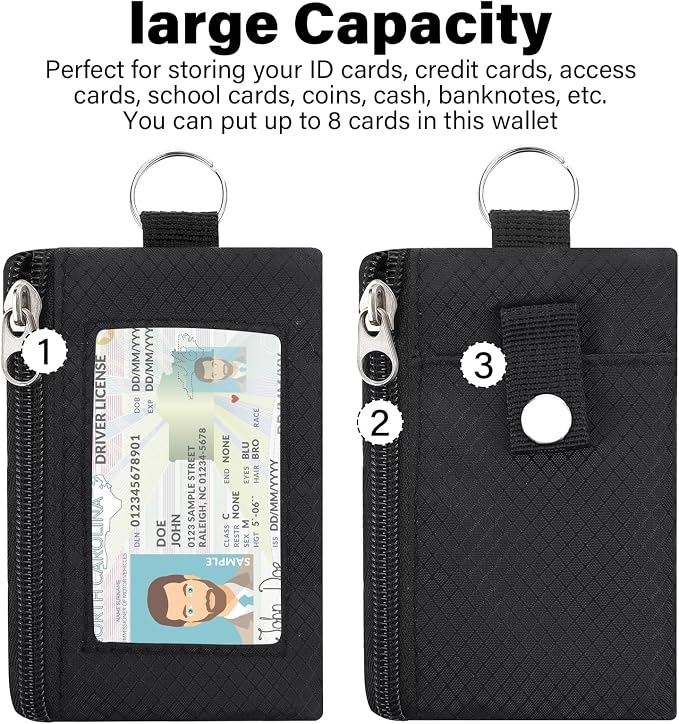 Minimalist RFID Blocking Wallet with 2 Zip Pockets and Lanyard, Water Resistant ID Case with Key Ring and Cards Badge Holder, Coin Purse Pouch for Men and Women Travel Sports -BK - Image 3