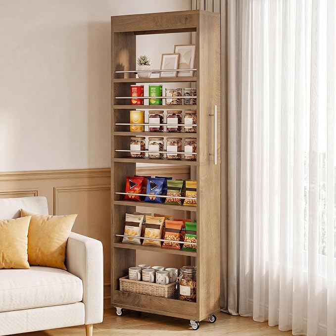 Tribesigns 73" Tall Slim Storage Cart on Rubber Wheels, 7-Tier Narrow Pantry Cabinet, Rolling Skinny Spice Rack Organizer Next to Fridge, Wooden Pull-Out Storage Shelf for Kitchen Small Spaces, Brown - Image 6