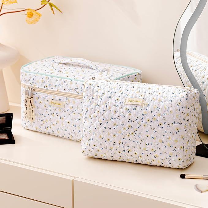HBselect Quilted Makeup Bag, 3Pcs Cotton Large Travel Makeup Bags Organizer | Cute Floral Make up Bag Cosmetic Bag Toiletry Bag for Women Girls, Makeup Pouch for Skincare, Brushes & Travel Essentials - Image 4