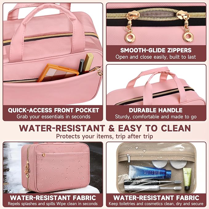 Travel Toiletry Bag for Women, Hanging Makeup Organizer Clear Pockets | Large Hanging Travel Organizer with Compartments, Front Pocket, Fits Full-Size Skincare, Makeup & Toiletries (Pink, Medium) - Image 5