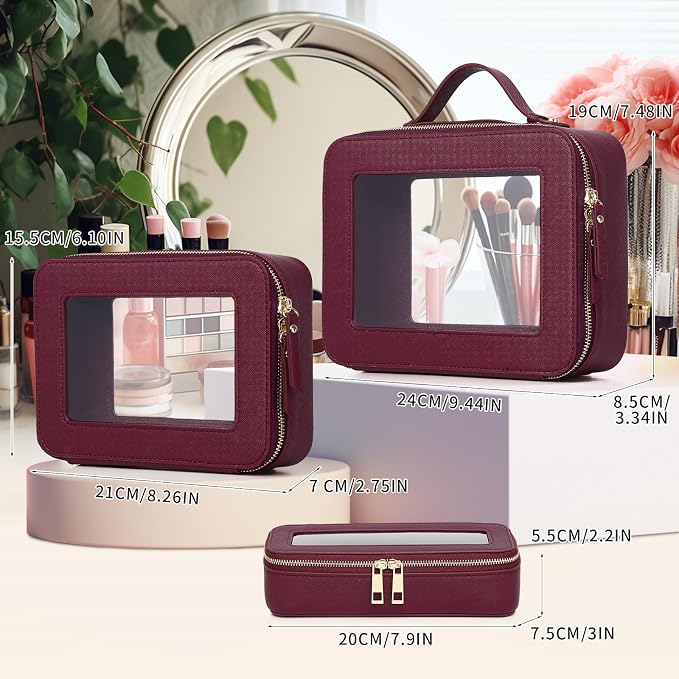 Pinkmik Clear Makeup Bag, (Burgundy, L+M+SLIM) | 3pcs, With Brush Bag, Waterproof Travel Case, For Cosmetics and Toiletries, With Zipper - Image 2