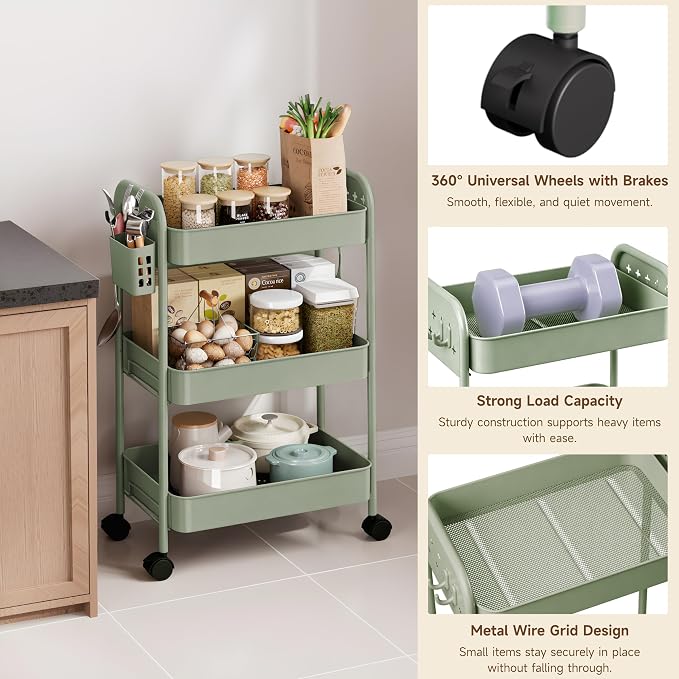 Heavy-Duty Rolling Cart 3 Tier Metal Utility Storage Cart | with Casters, Hooks & Hanging Cups, Rolling Storage Organizer for Kitchen Office Craft Snack Book - Image 5