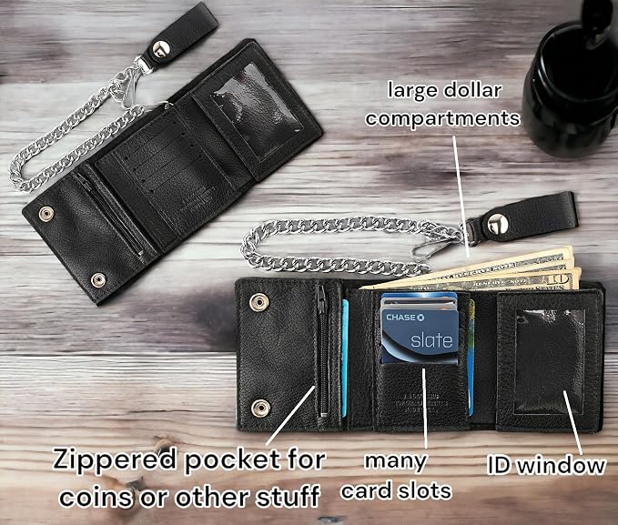 RFID Blocking Men's Tri-fold Vintage Biker Cowhide Leather Steel Chain Wallet,Snap closure, Made In USA,GL315,black - Image 4