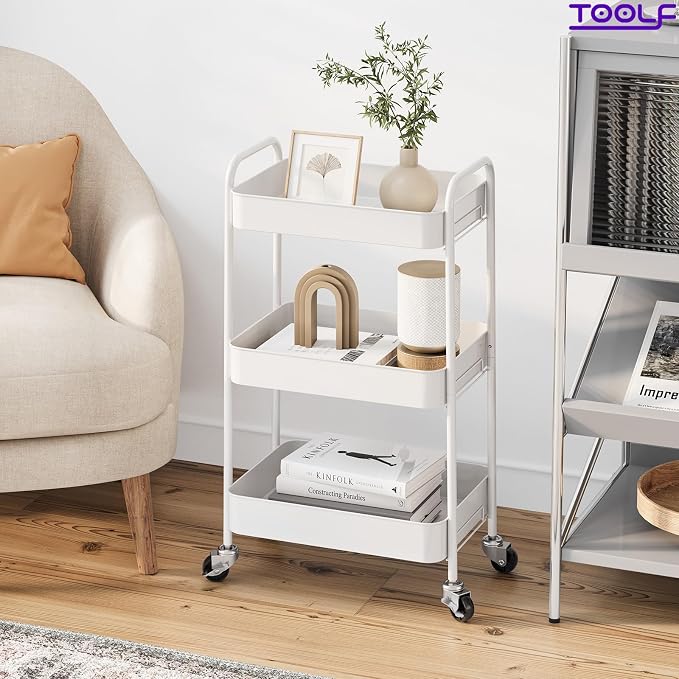 TOOLF 3 Tier Metal Rolling Cart, Utility Storage Cart with Wheels, White | Screwless Assembly, Lockable Metal Wheels, Trolley Organizer for Bathroom, Kitchen, Office, Dorm, Laundry, Craft Room - Image 8