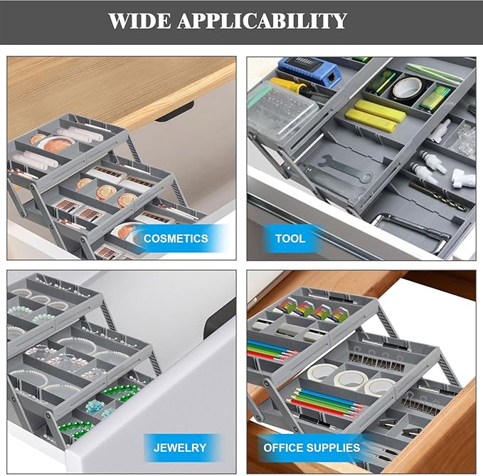 Drawer Organizer, Expandable Foldable Versatile Bathroom and Vanity Desk Drawer Organizer Trays, Plastic Storage for Makeup, Bedroom, Jewelry, Kitchen Utensils and Office (3 - Image 3