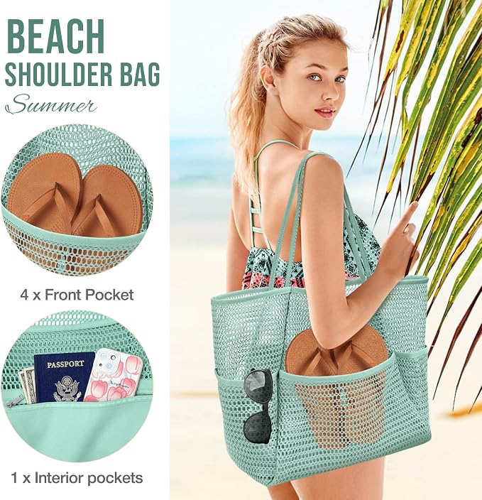 KPX Beach Bag with Mini Pocket, Summer Beach Tote Bags for Women Large Foldable Mesh Swimming Pool Travel Bags - Sandproof - Image 4