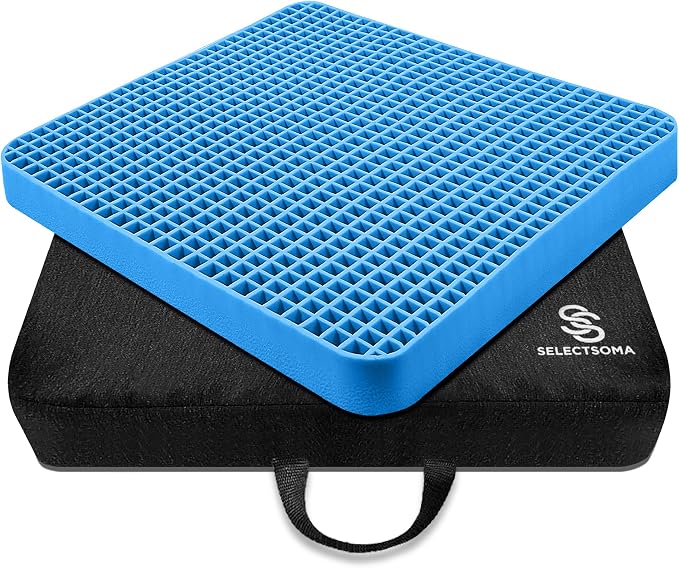 Gel Seat Cushion for Long Sitting, Pressure Relief for Sciatica, Tailbone, Coccyx & Back Pain, Office Chair, Wheelchair, Car & Truck – Travel with Handles Blue Gel by SelectSoma