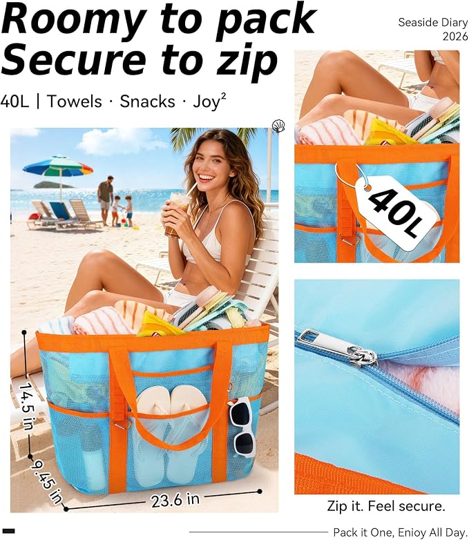 Chic Cruise Essentials Beach Bag for Women, Large Zip Top Tote, 11 Pockets | 40L+ Spacious;Mesh × Canvas;Zipper Pouch;Secure Zip-Top;Sand-Resistant Base - Image 3