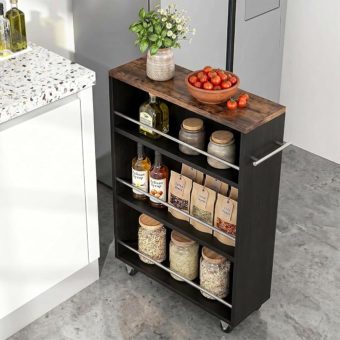 4-Tier Slim Rolling Cart with Wheels, 7.9"W Narrow Storage, Black & Brown | 4 adjustable MDF shelves (20 lbs each), 360° casters + side handle, Fits kitchen, laundry, bathroom & dorm tight gaps - Image 4