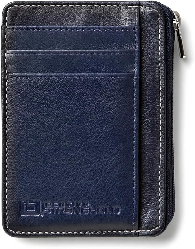 ID Stronghold RFID Blocking Front Pocket Wallet – Slim Minimalist Genuine Leather Wallet with Zipper Coin Pocket (Blue) by IDStronghold