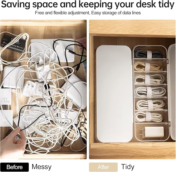 PAVSTINE 2 Pcs Cable Organizer Storage Box with Lid, 14 Wire Ties, White | Adjustable Dividers, Holds Power Cords & Charger, Dust-Proof, Desktop Accessories & Stationery Storage for Home & Office - Image 3