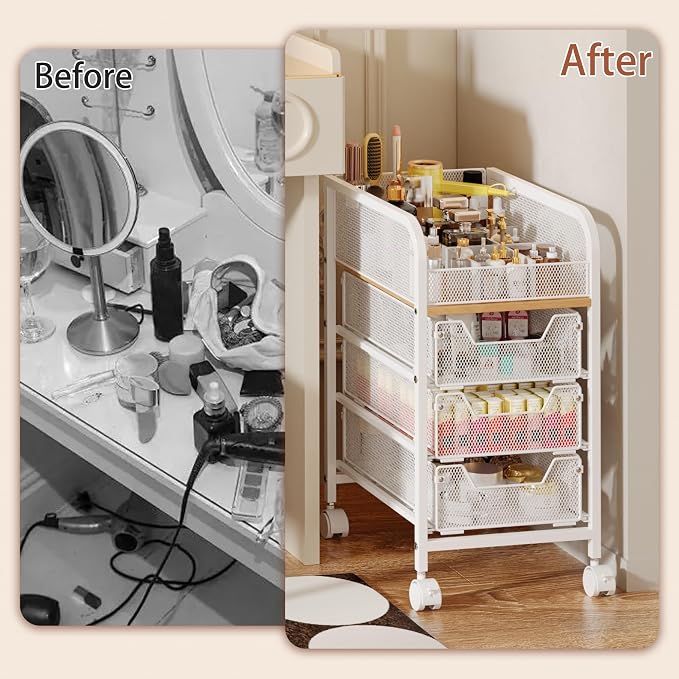 Rolling Makeup Cart Organizer with 3 Drawers, 4-Tier Narrow Floor Skincare Organizers with dividers, Vanity Organizer Cosmetics Display Cases for Makeup Brush, Hair Tool, White - Image 9