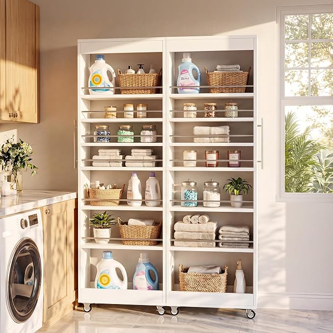 Tribesigns 73" Tall Slim Storage Cart on Rubber Wheels, 7-Tier Narrow Pantry Cabinet, Rolling Skinny Spice Rack Organizer Next to Fridge, Wooden Pull-Out Storage Shelf for Kitchen Small Spaces, White - Image 9