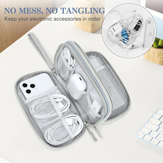 FYY Electronic Organizer, Travel Tech Pouch Bag, Cable Organizer Light Grey | Wrist Strap, Waterproof, Double Layers Portable Electronics Travel Carrying Case for Cord, Charger, Daily Business Trips Use - Image 5