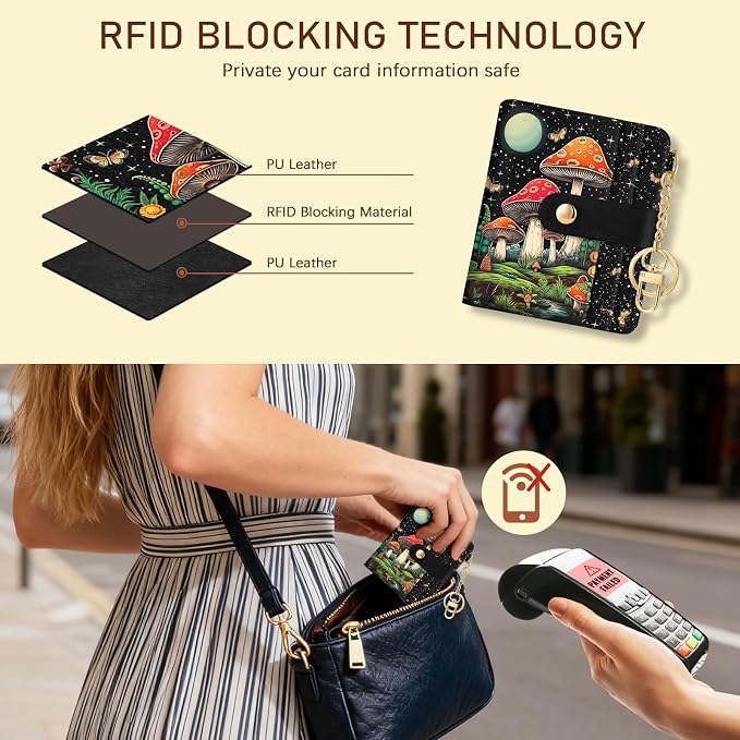 Jogjam Mushroom Rfid Women Wallet, Small Slim Thin Credit Card Holder | PU Leather Bifold Cash Zipper Coin Pocket ID Window, for Female Ladies Teen Girls Girly Gifts - Image 3