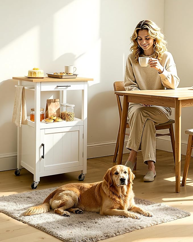 VEVOR Kitchen Island Cart with Single Door Cabinet, Mobile Carts with Drawer, Towel Rack, Hooks, Portable Table on Swivel Wheels, Small Coffee Islands Microwave Stand for Dining Room, 18x23 in, White - Image 8