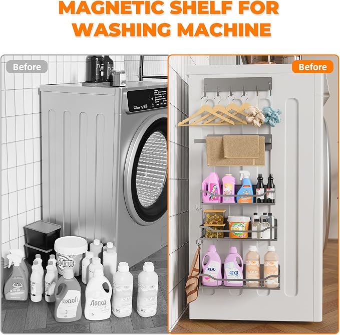 5 Pack Multifunctional Magnetic Shelves for Refrigerator Spice Rack & Washing Machine Organize, Include Paper Towel Holder, Kitchen Utensil Hanger and Hooks, Strong Magnet for Secure Hold (Gray) - Image 5