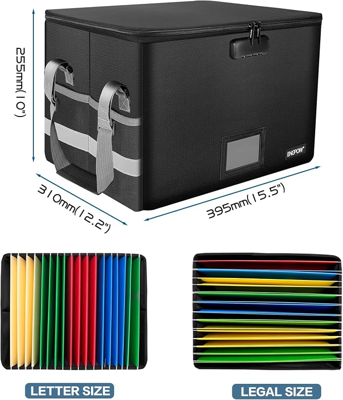 ENGPOW File Box with Lock,Fireproof Document Box with Zipper＆Pockets,Collapsible File Organizer Filing Storage Cabinet with Handle,Portable Home Office Safe for Hanging Letter/Legal Folder,Black - Image 5