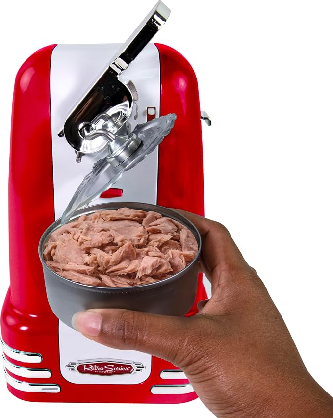 Nostalgia Retro Electric Can Opener for Kitchen with Magnetic Lid Remover, Knife Sharpener, and Soda or Beer Bottle Opener, Red - Image 7
