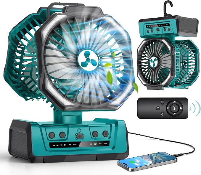 Dual Head Portable Rechargeable Fan 20000mAh Battery Powered Fan Camping Cordless with 360° Air Delivery, LED Lantern & Remote, Auto Oscillation, Battery Operated for Tent Office Travel Picnic Jobsite by OnlyNewforYourLife