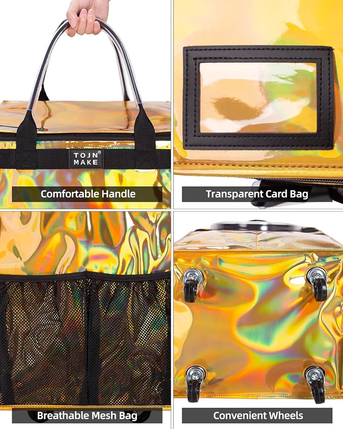 Reusable Grocery Bag with Wheels, Medium Glitter Gold Rolling Tote | 8 Pockets, Zipper Cover, Foldable for Women, Kitchen, Travel, Carries Up to 66LBS - Image 4