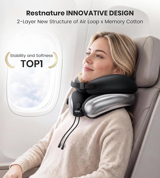 Neck Pillow, Upgraded Adjustable Travel Neck Pillow for Airplane – Patented Inflatable Design with Memory Foam for 360° Ergonomic Head & Neck Support (Black-M) - Image 2