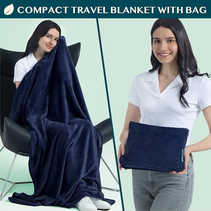 PAVILIA Travel Blanket Pillow, Soft Airplane Blanket 2-IN-1 Combo Set, Plane Blanket Compact Packable, Flight Essentials Car Pillow, Travelers Gifts Accessories Luggage Backpack Strap, 60x43 Navy Blue - Image 2