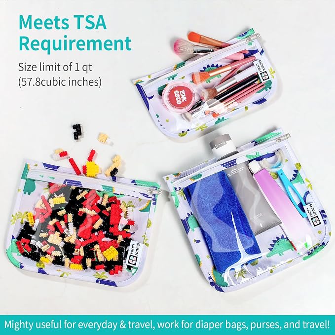 HIONXMGA Set of 3 Clear Travel Toiletry Bag, TSA Approved, Quart Size S/M/L | Clear Front Zipper Pouches Waterproof Cosmetics Bags for Women Kids Toiletries Baby Essentials Well-Organized, Dinosaur White - Image 3