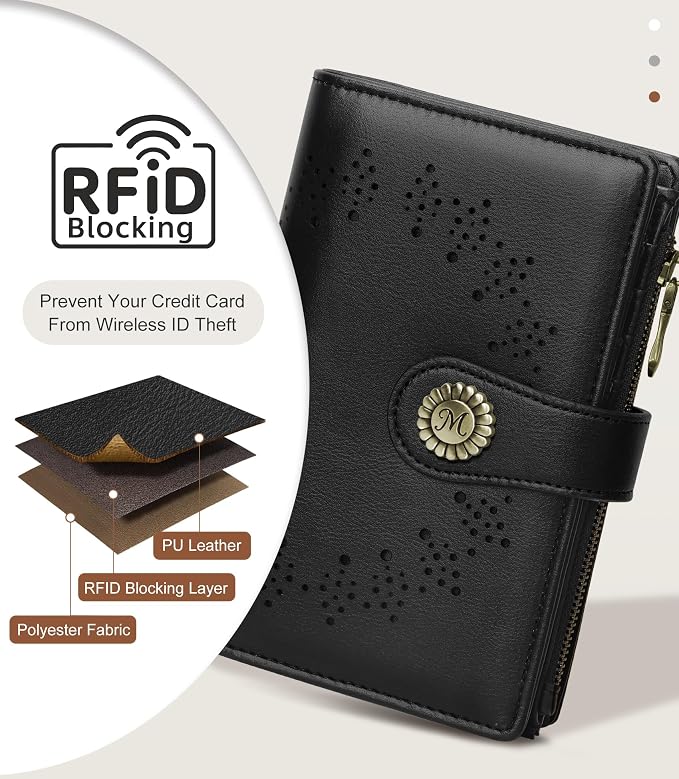 Black Wallet Women RFID Bifold, Passport Holder Credit Card Holder | 6.7" x 4.4" x 1.3" Travel billfold, Zipper Coin Pocket, PU Leather Clutch, Purse, ID Window, Pen Holder, Gift for Ladies Girl - Image 4