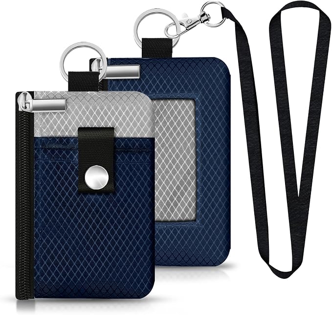 Minimalist RFID Blocking Small Wallet with ID Window,WaterResistant Zip Id Case Wallet with Lanyard Keychain for Cards,Cash,Travel,Women,Men (Dark Blue/Light Gray) by CCUMI