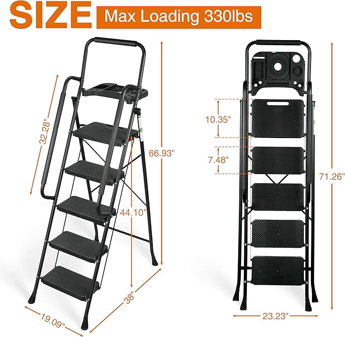 Arbusb Step Ladder, Folding Step Stool with Wide Anti-Slip Pedals, Sturdy Steel Ladder with Handrail, Space-Saving, Portable for Home & Adults, 5 Step Ladder - Image 7
