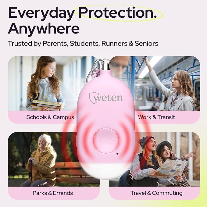 Weten Rechargeable Personal Alarm Keychain - 130dB Siren & LED Light - Stylish Personal Safety Alert for Women to Carry - Panic Button Alarm for Security - Rape Whistle for Self Defense (Pink) | LED Light, Stylish Safety Alert for Women to Carry, Panic... - Image 6