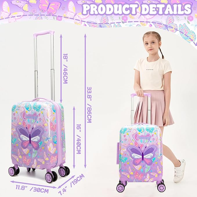 Kid's Luggage Set 5 Piece Suitcase Set 16" Hardside Luggage with Spinner Wheels Girls Carry on Toddler Travel Rolling Suitcase with Neck Pillow Airline Approved - Image 2