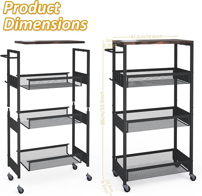 Vincona 9.1" Wide Slim Rolling Utility Cart, 4 Tier Metal Narrow Storage Cart with Handle and Wood Top, Multifunctional Small Mobile Shelf Unit Organizer Trolley for Laundry, Bathroom, Kitchen - Image 7